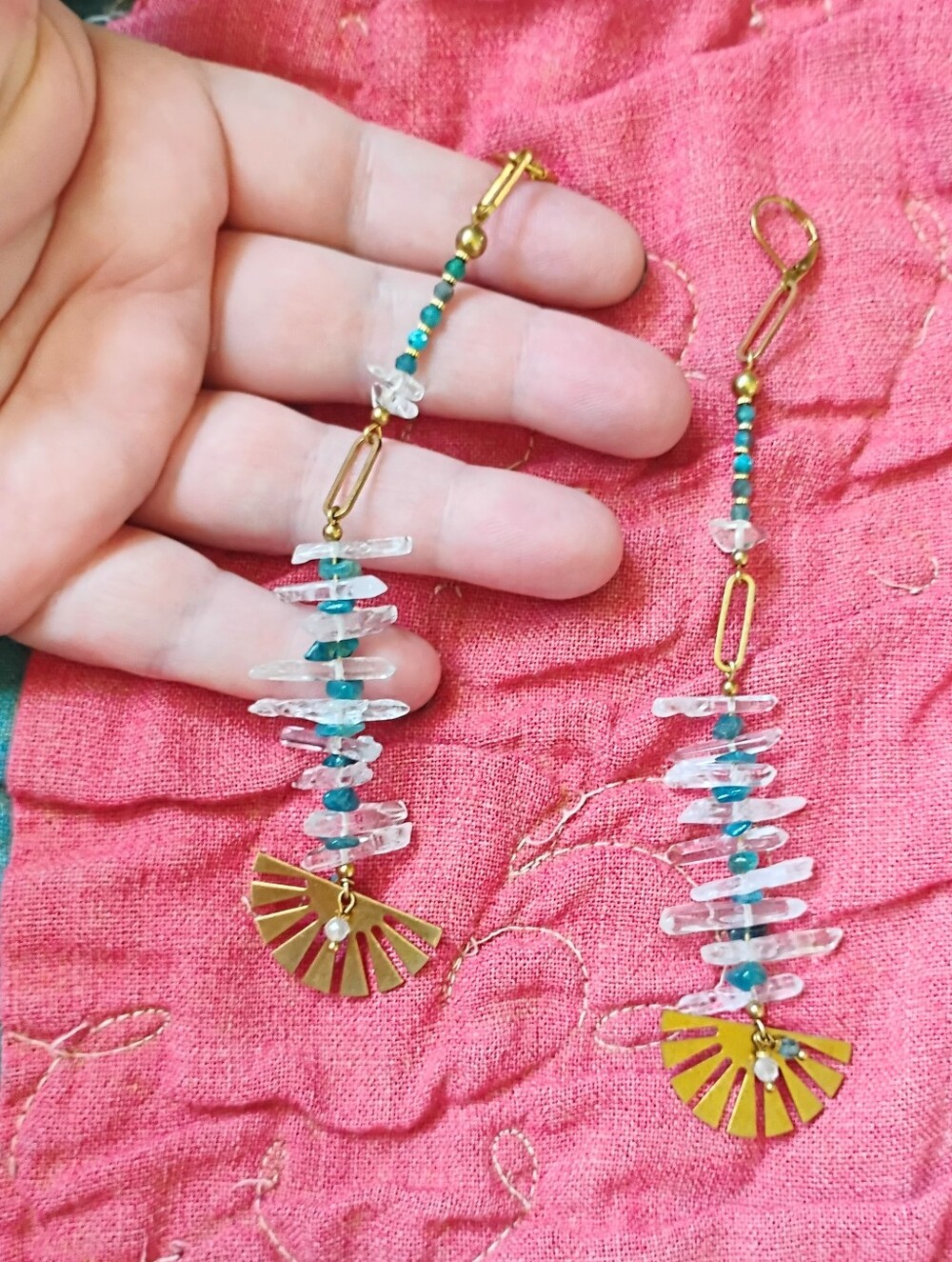 XXL Handmade Quartz and Blue Apatite'Fan' Earrings - Picture 2 of 4